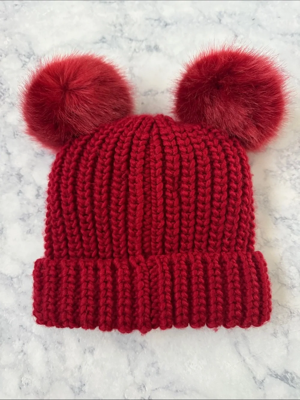 2 ROOTS Canada Set Double Pom Pom Knit Kids Beanie Toque Hat Winter Red
